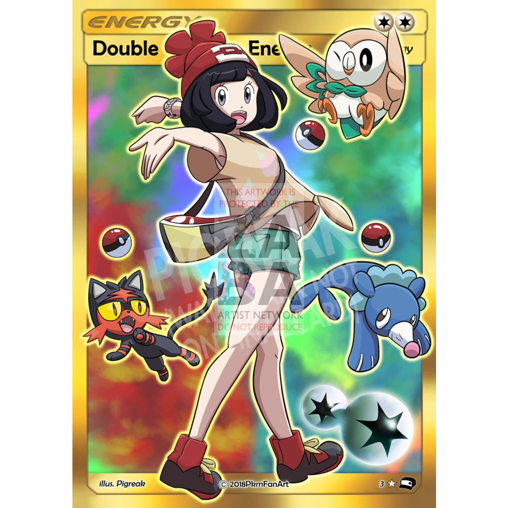 Alolan Starters & Moon Double Colorless Energy Pigreak Custom Pokemon Card
