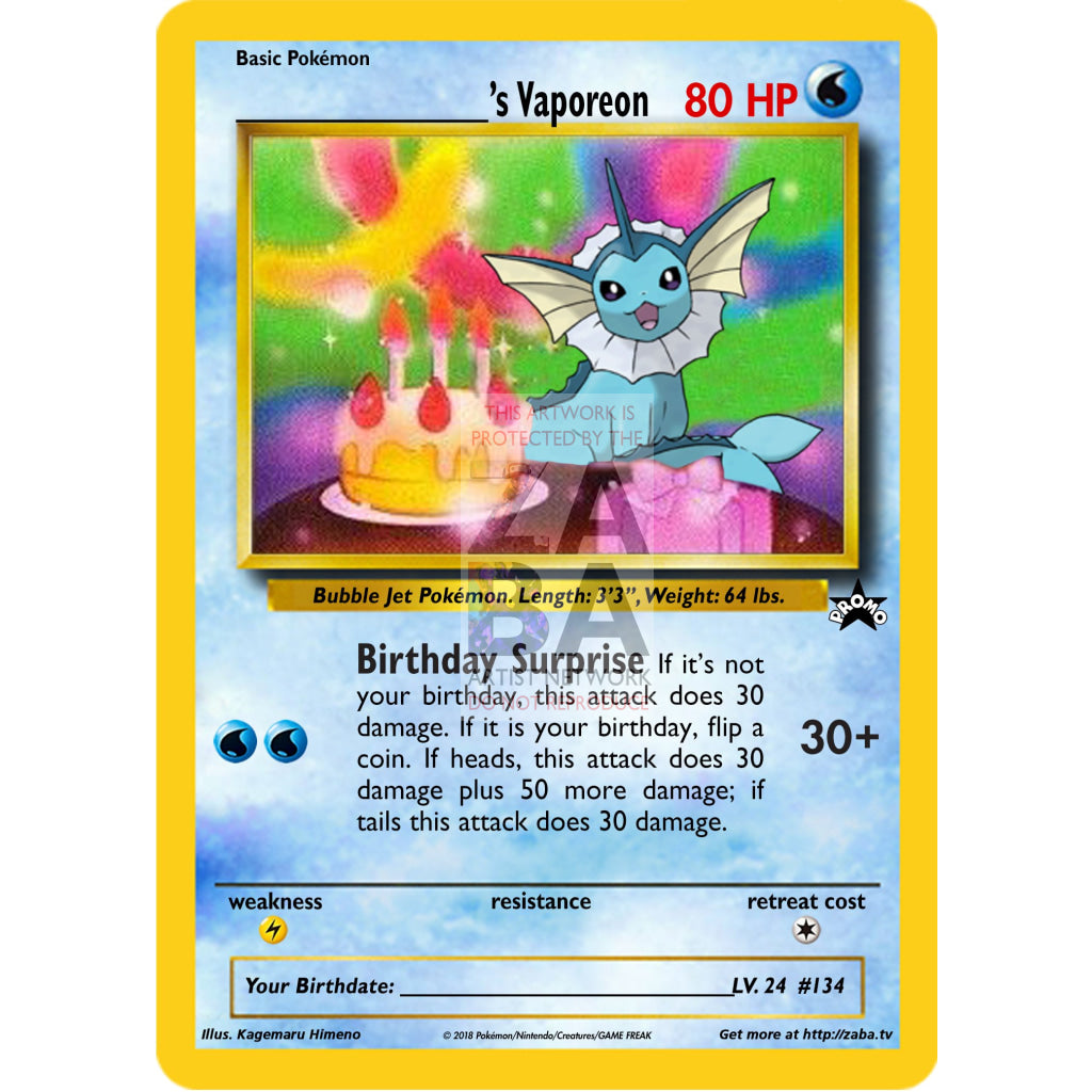 Birthday Vaporeon Custom Pokemon Card - ZabaTV