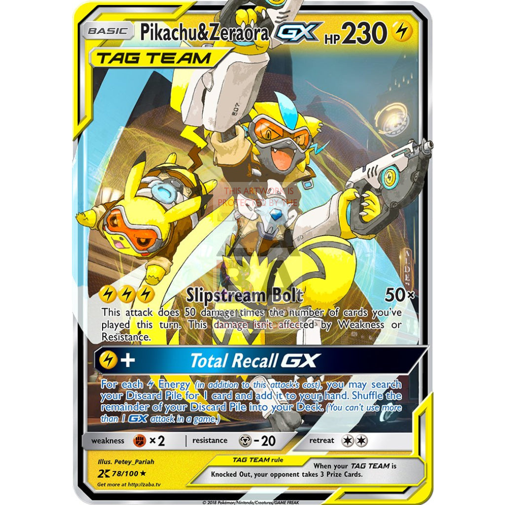 Pikachu & Zeraora GX Tracer Tag Team Custom Overwatch + Pokemon Card - ZabaTV