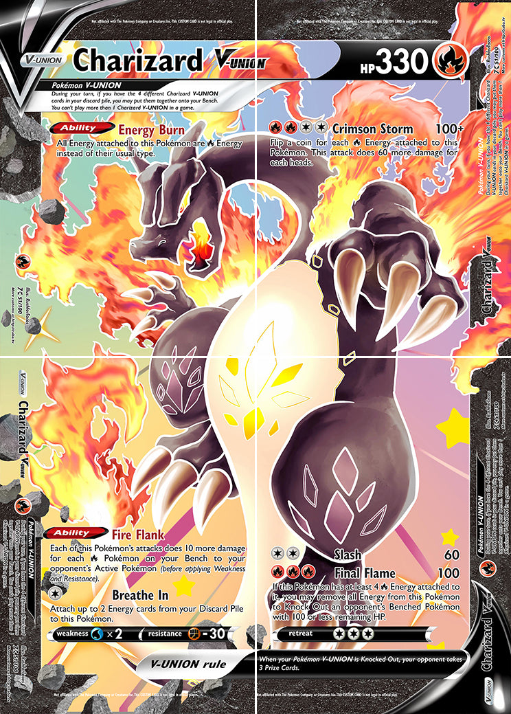Shining Charizard V-UNION (All 4 Parts or Together) Custom Pokemon Card - ZabaTV