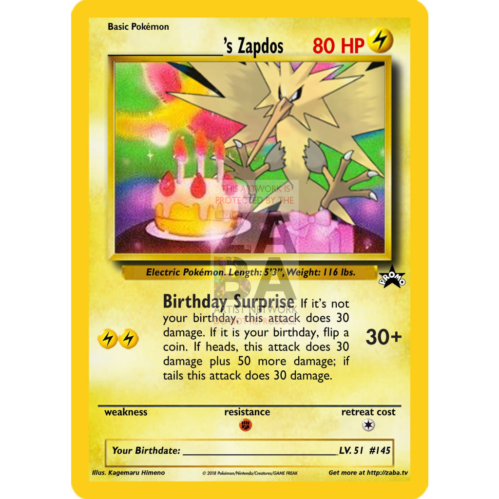 Birthday Zapdos Custom Pokemon Card Silver Holographic