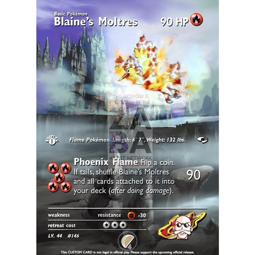 Blaine’s Moltres 1/132 Gym Heroes Extended Art Custom Pokemon Card Text / Silver Foil