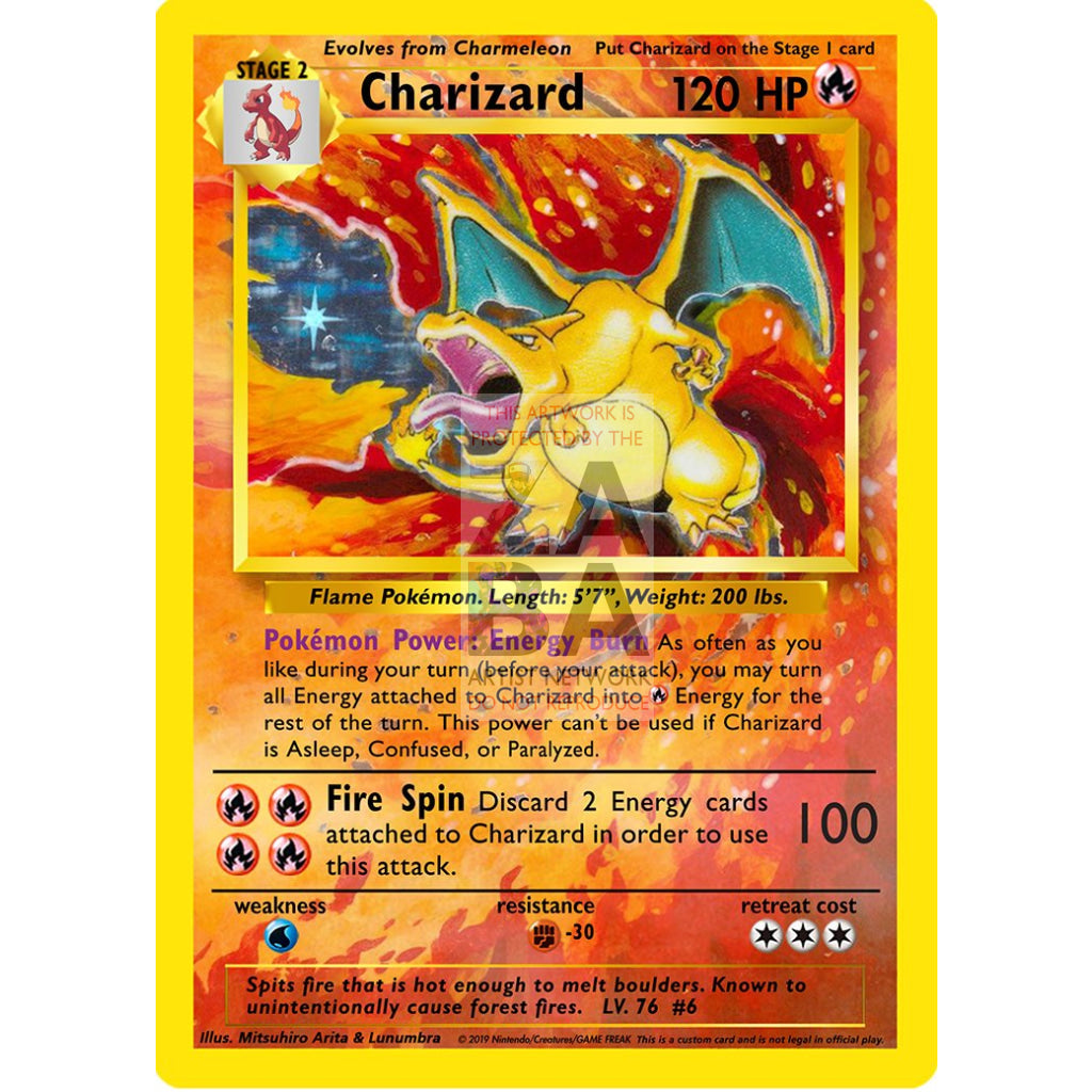 Charizard 4/102 Base Set (+Text) Extended Art Custom Pokemon Card Black Text