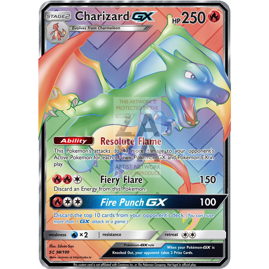 Charizard Gx Rainbow Rare Custom Pokemon Card Silver Foil