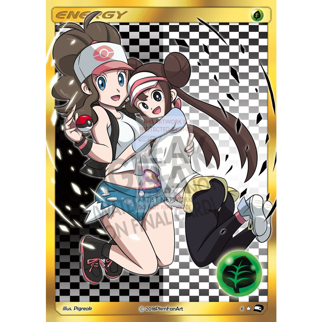 Hilda & Mei Grass Energy Pigreak Custom Pokemon Card