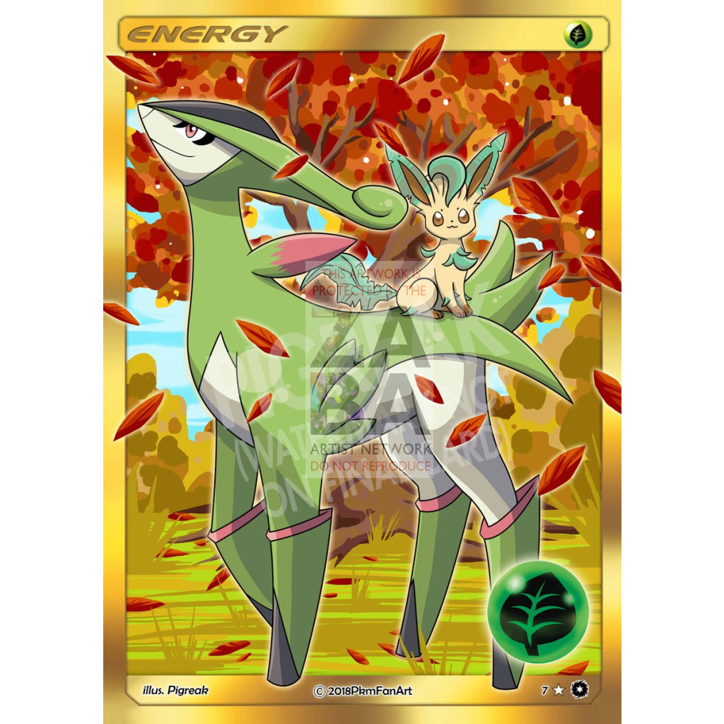 Leafeon & Virizion Grass Energy Pigreak Custom Pokemon Card
