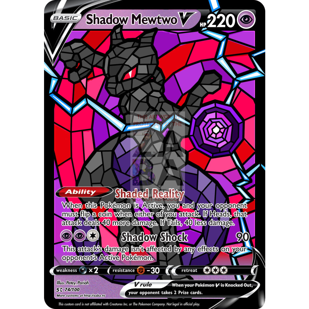 Mewtwo V (Stained-Glass) Custom Pokemon Card Shadow / With Text Silver Foil