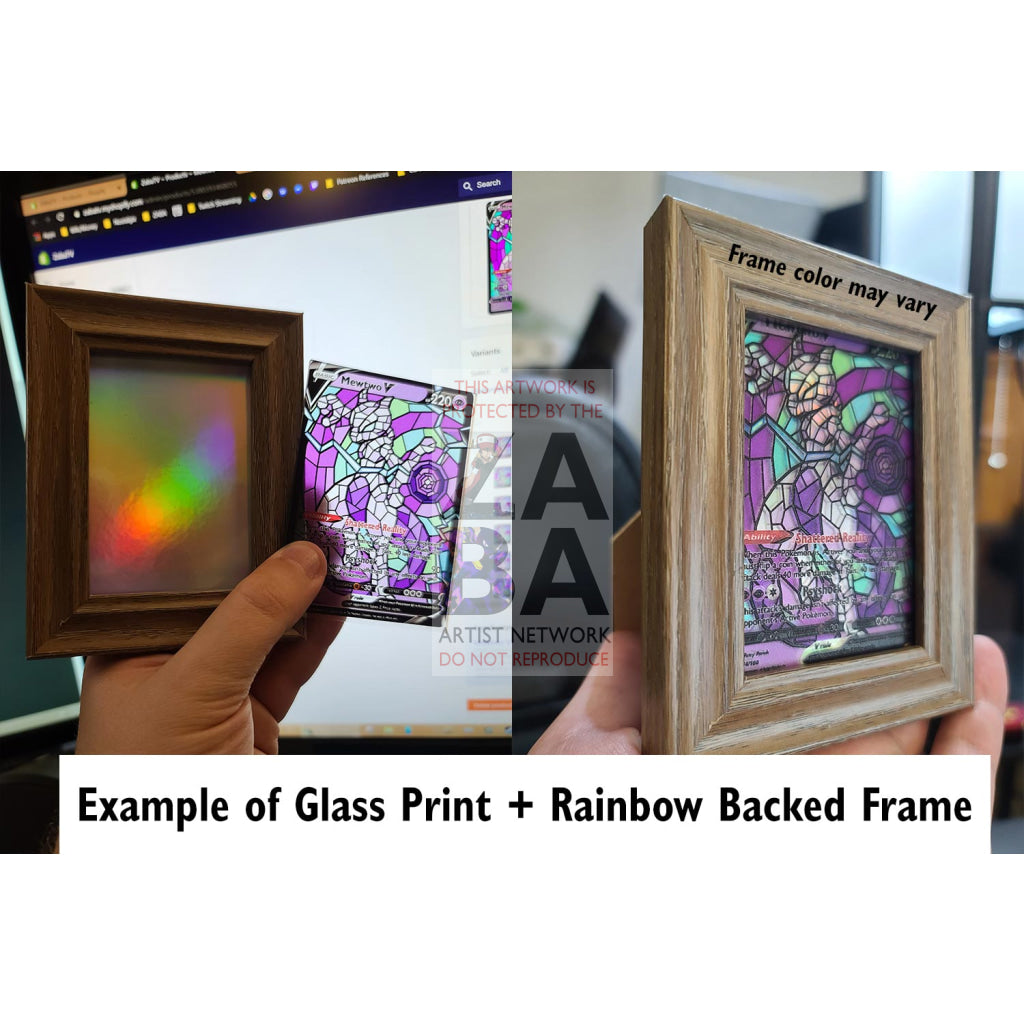 Mewtwo V (Stained-Glass) Custom Pokemon Card On Actual Glass + Frame With Rainbow Foil Backplate /
