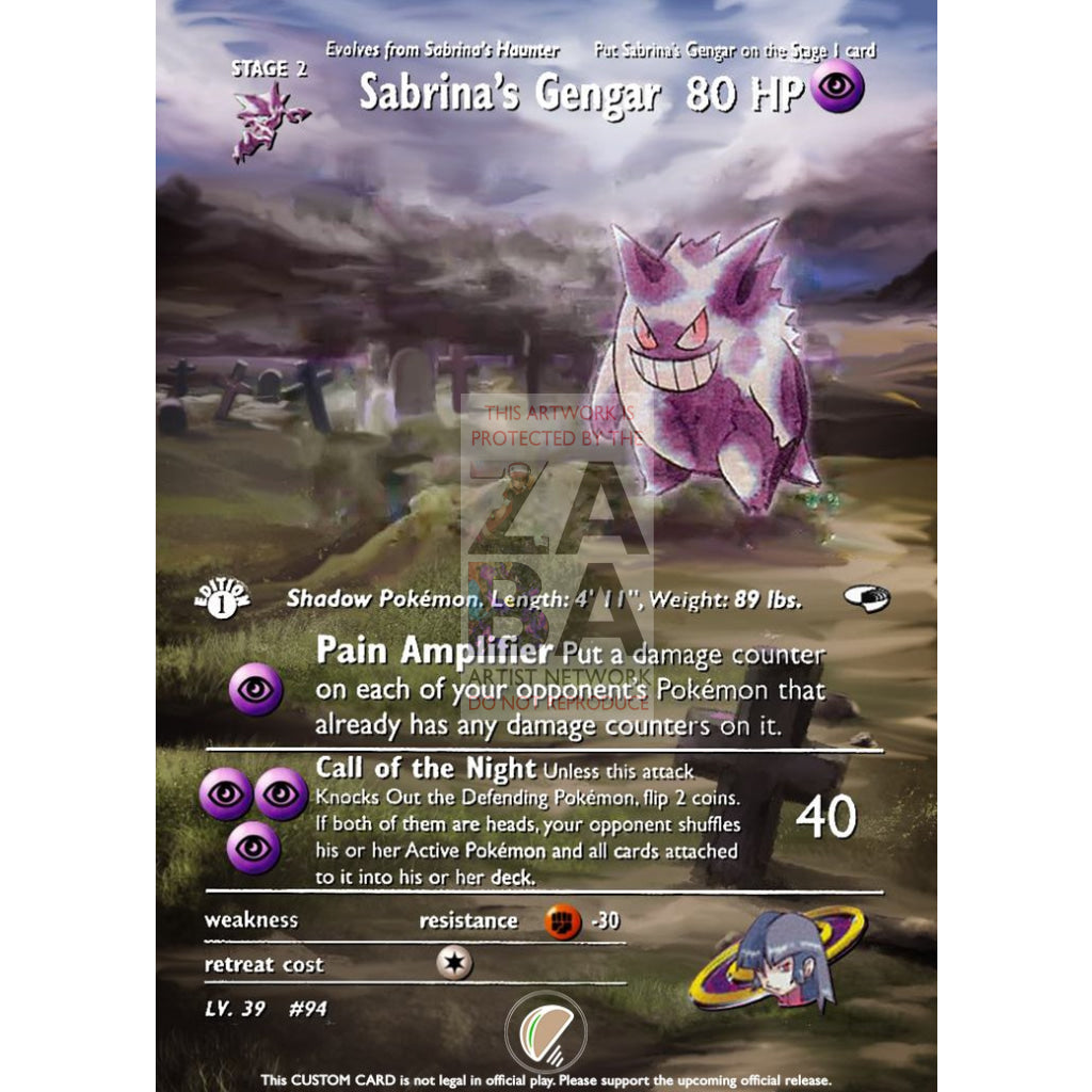 Sabrina's Gengar 14/132 Gym Heroes Extended Art Custom Pokemon Card - ZabaTV