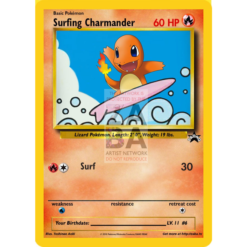 Surfing Charmander Custom Pokemon Card Silver Holographic