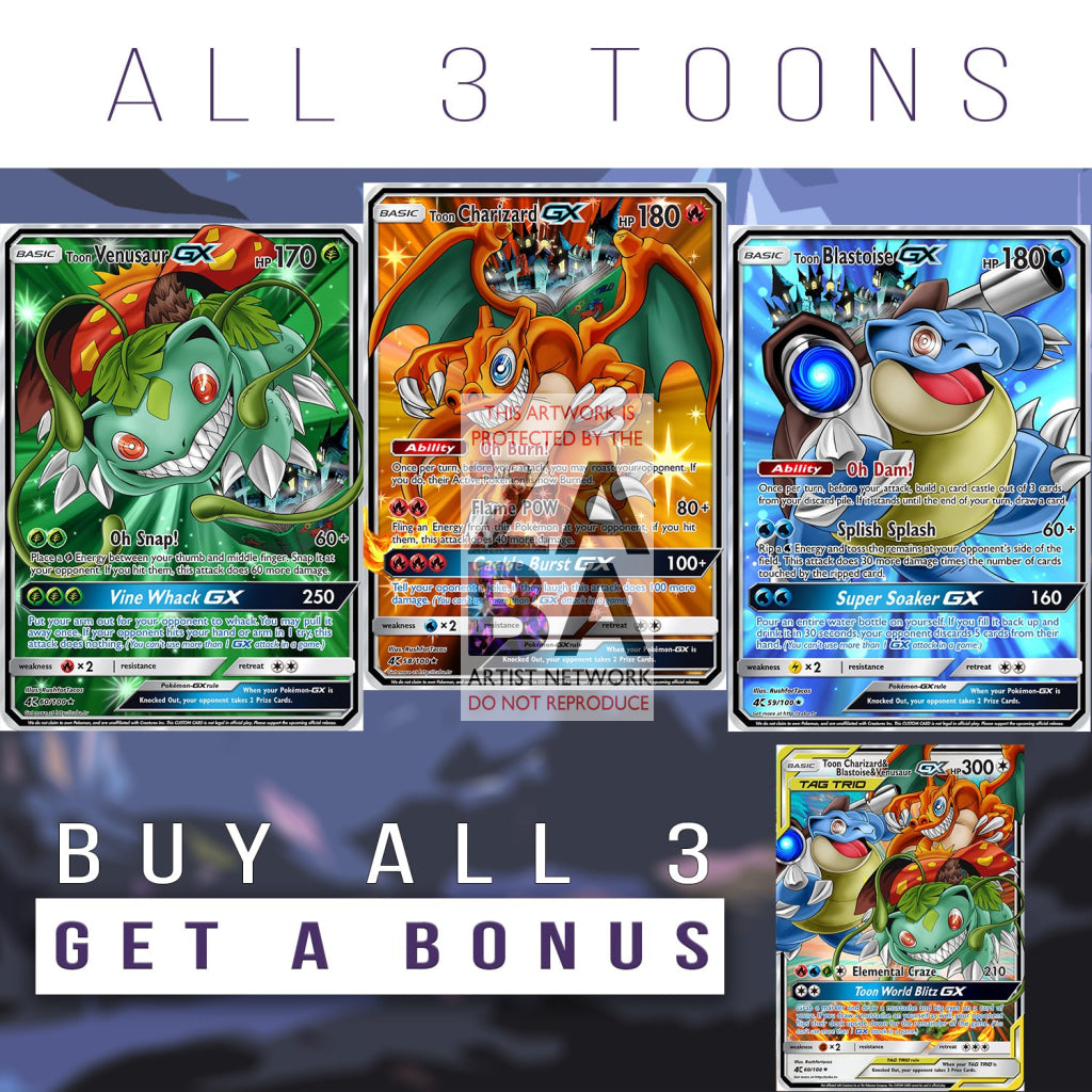 Toon Charizard, Blastoise & Venusaur GX Custom Pokemon Card - ZabaTV