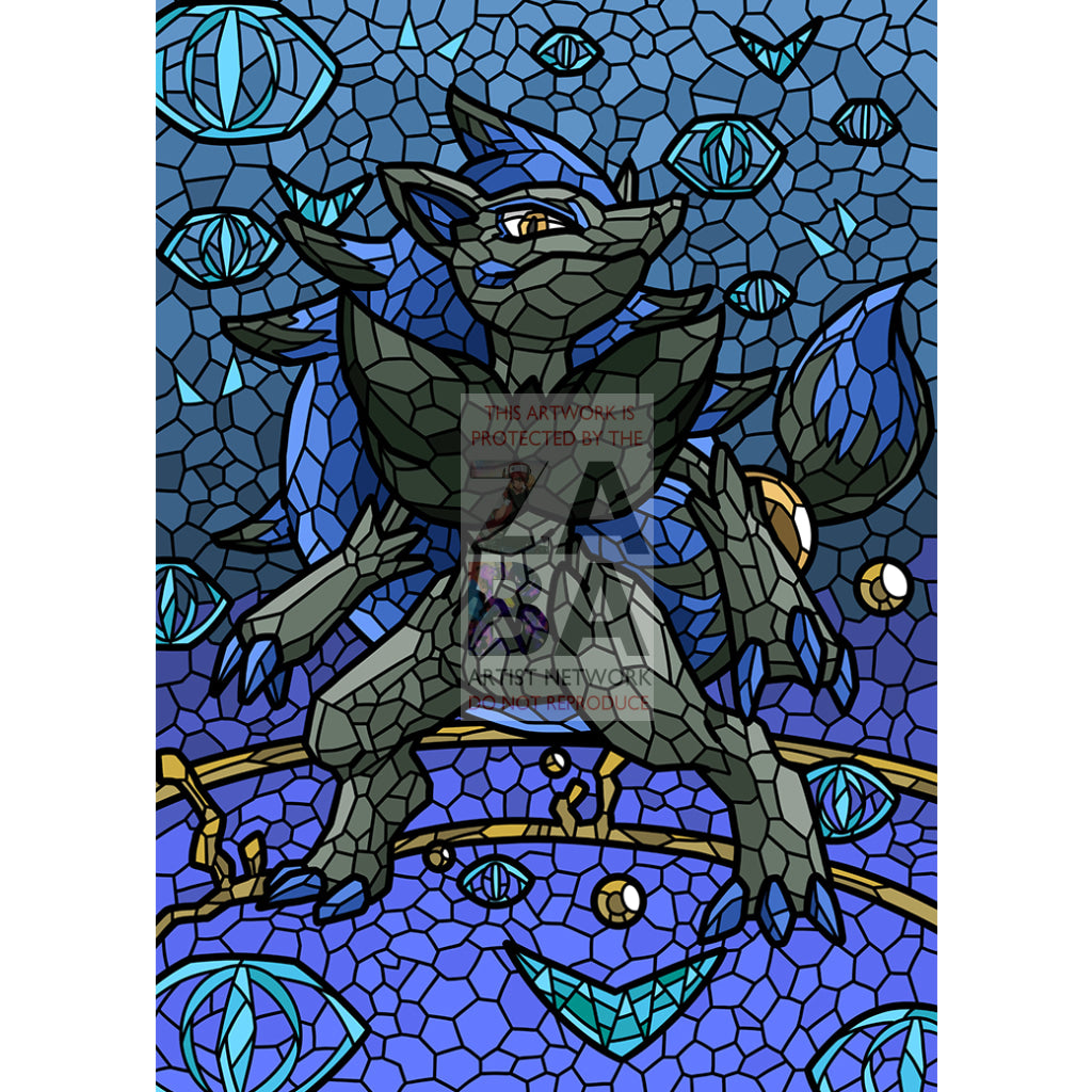 Zoroark V (Stained-Glass) Custom Pokemon Card Cobalt / Textless Silver Foil