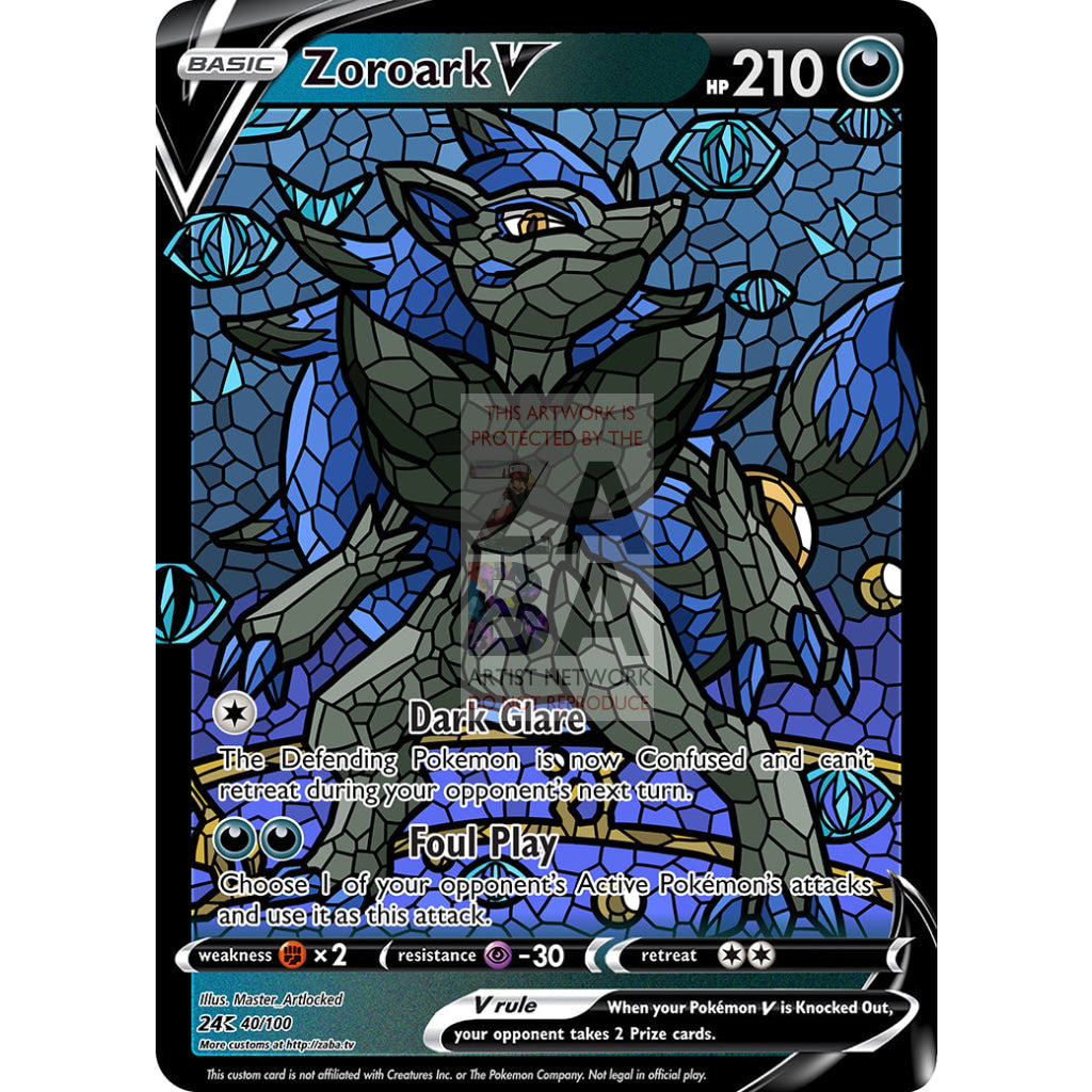 Zoroark V (Stained-Glass) Custom Pokemon Card Cobalt / With Text Silver Foil