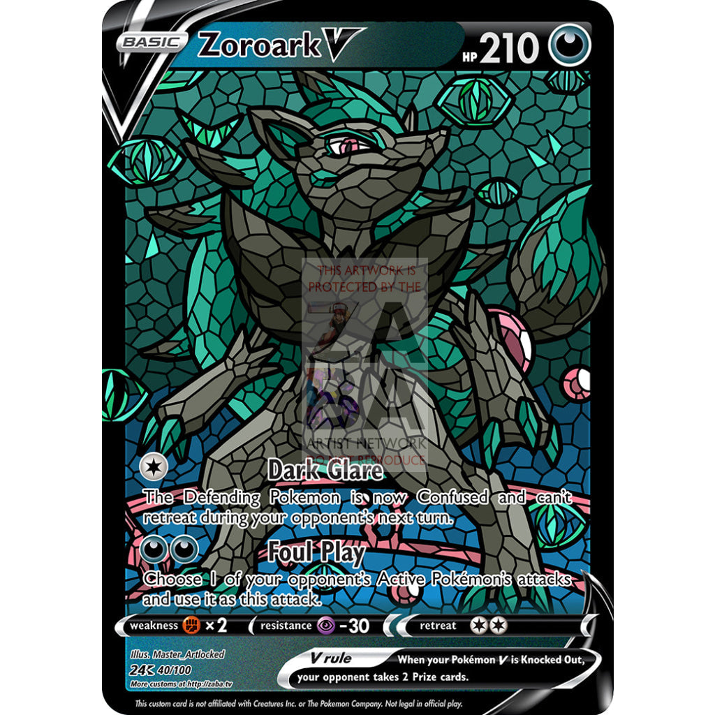 Zoroark V (Stained-Glass) Custom Pokemon Card Teal / With Text Silver Foil
